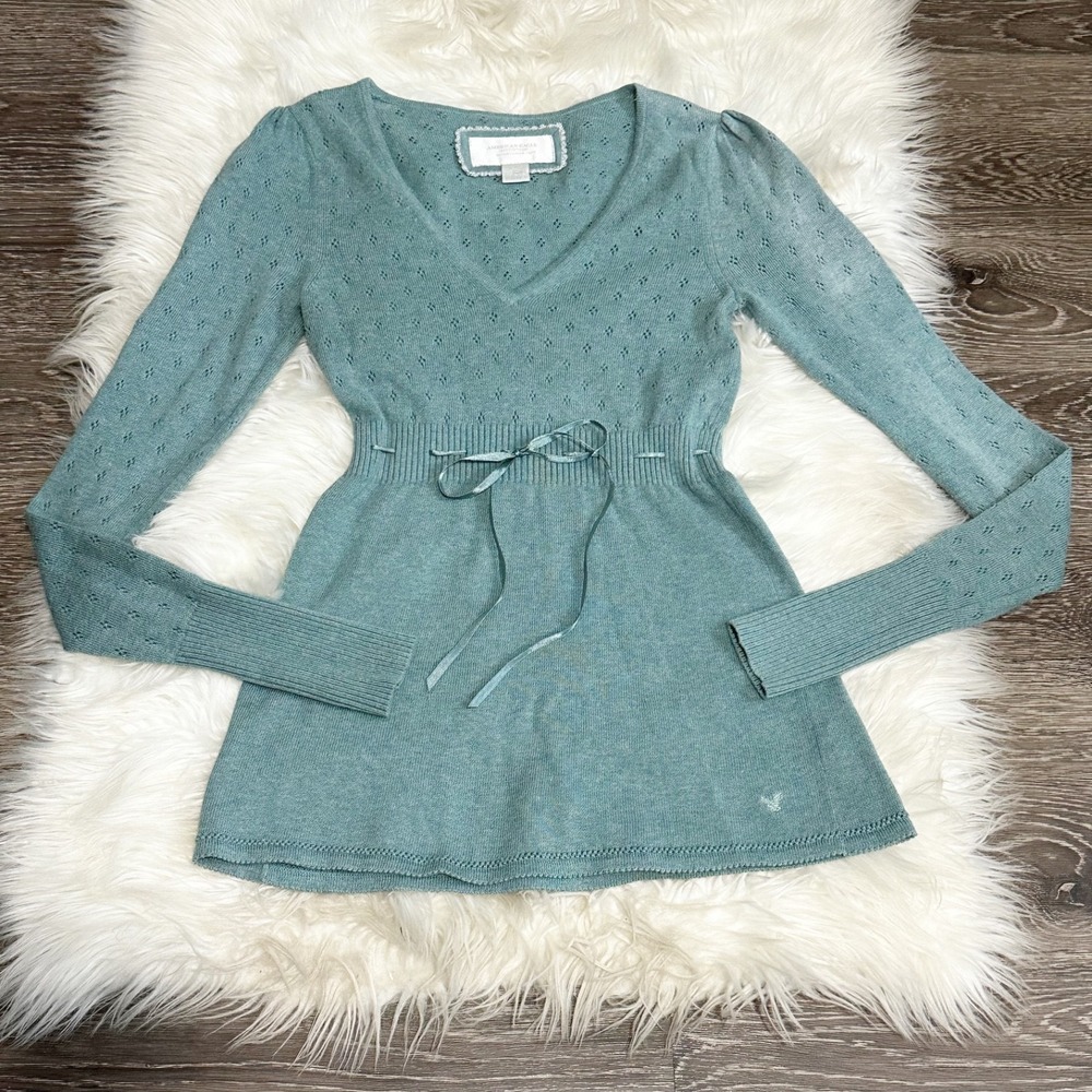 Y2K Vintage American Eagle Womens Babydoll Top Pointelle XS Long Sleeve